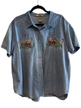 Just My Size Light Blue Denim Shirt with Cat Embroidery Patches